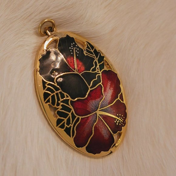 VINtage Enamel Flower Pendant Guilloche Oval Gold Tone Metal Large 6268 - Picture 2 of 6